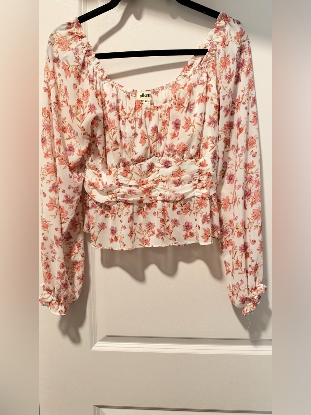 White Floral Peasant Blouse with Pink & Peach Print